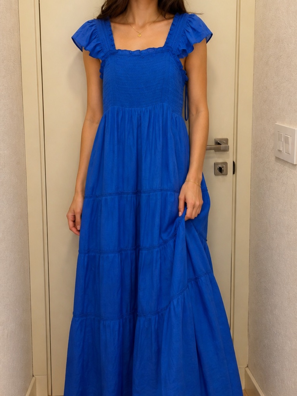 Women’s Blue Maxi Dress with Ruffle Sleeves